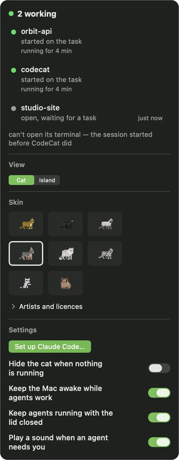The floating panel on system material: two sessions working and one idle, the Cat / Island switch, a grid of skins, and the settings, starting with a green Set up Claude Code button.