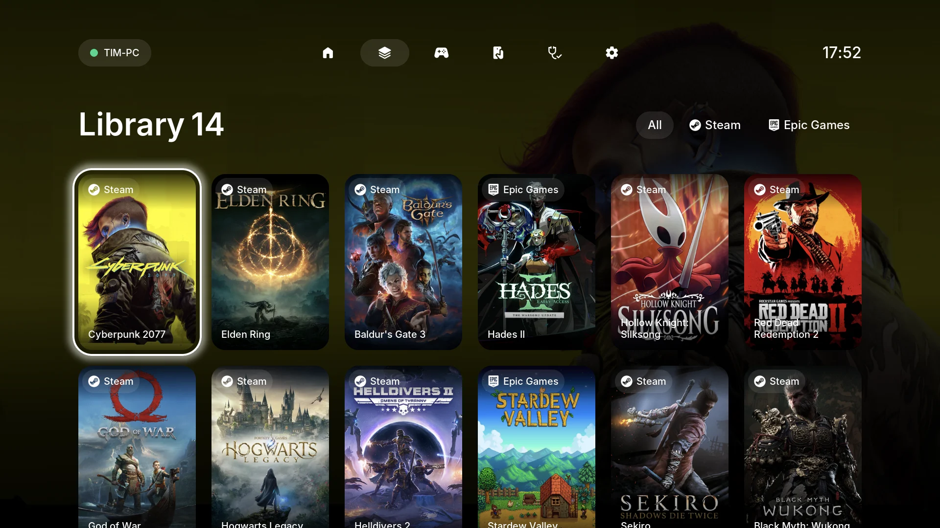 The CouchDeck Library: fourteen games in a grid of covers, each with its store badge, Steam or Epic Games, a filter for All, Steam and Epic Games, and the focus ring on Cyberpunk 2077.