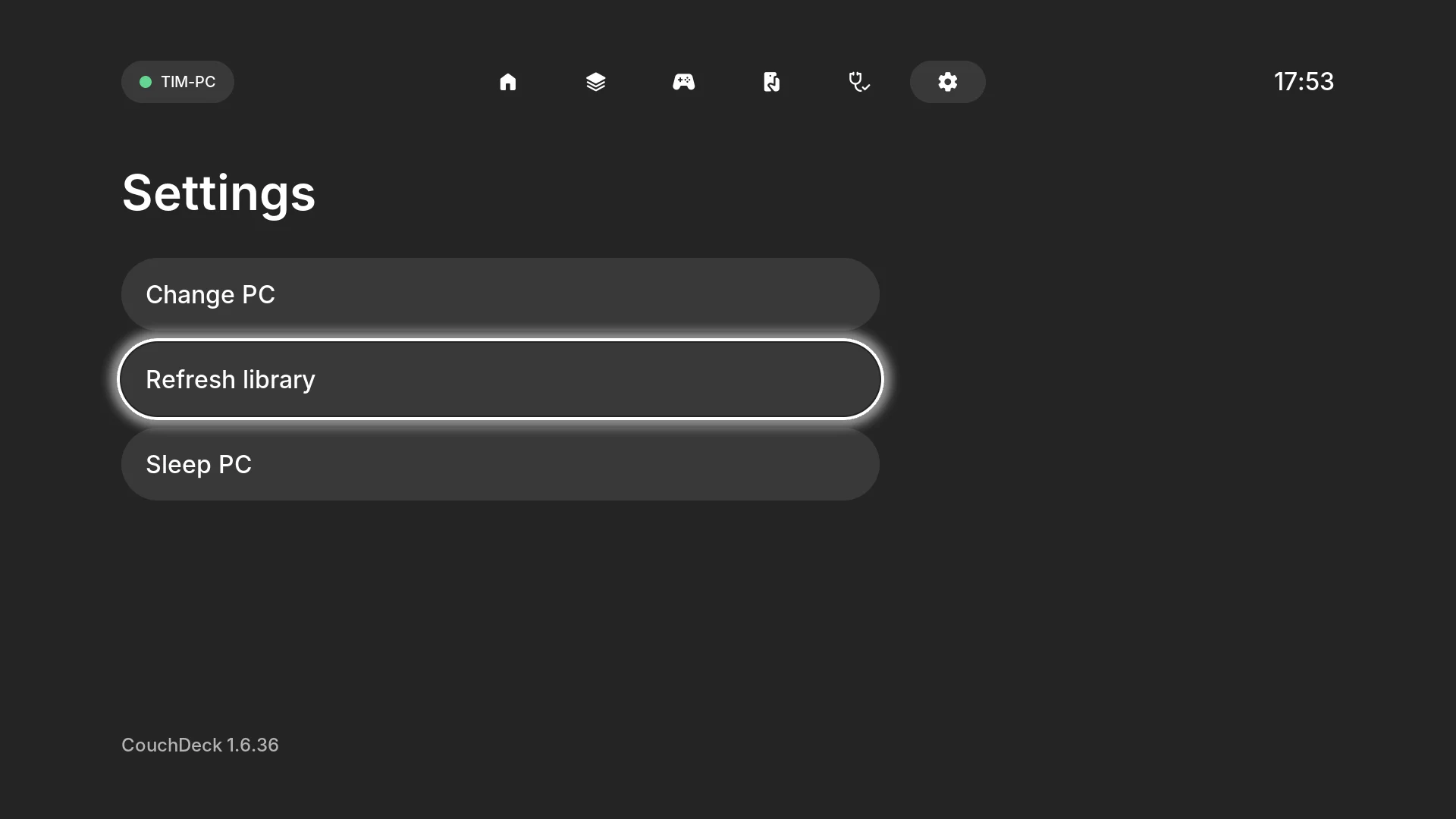 Settings with three rows — Change PC, Refresh library, Sleep PC — and the focus ring around Refresh library.