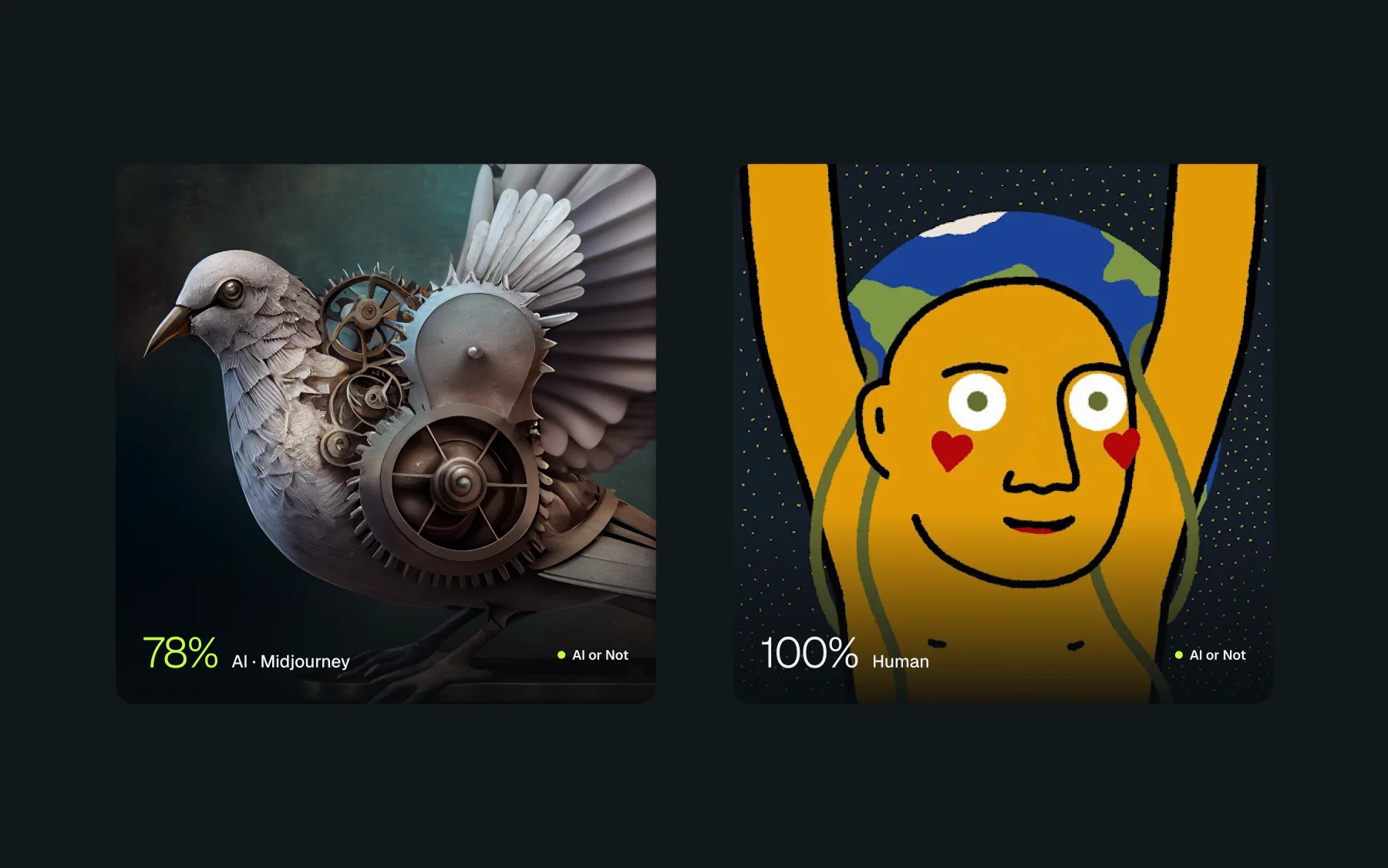 Two replies from the Telegram bot arriving: the steampunk bird, then the yellow figure, each with its verdict sliding up onto the image — 78% AI · Midjourney, and 100% Human.