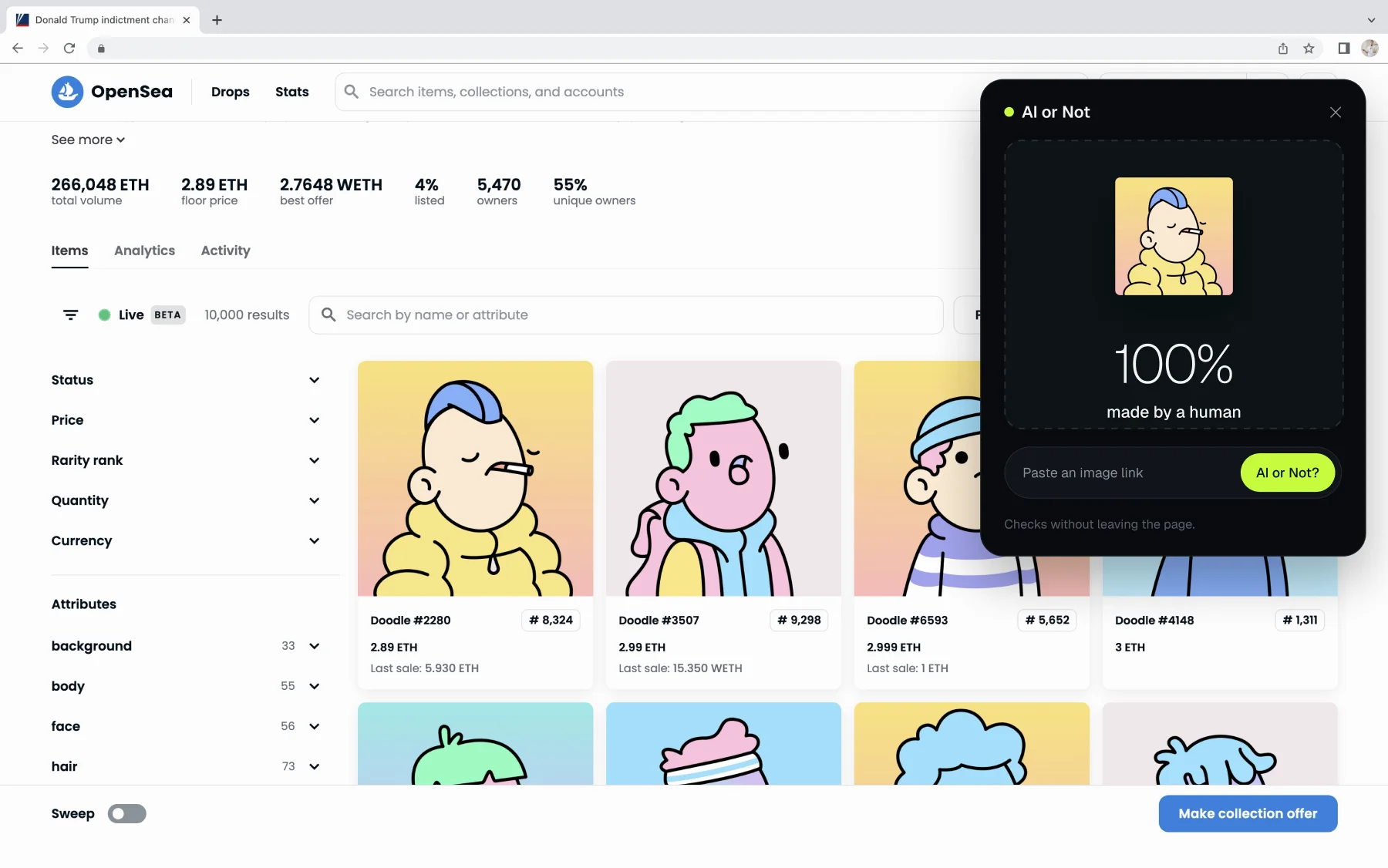 The AI or Not Chrome extension playing: the panel slides in over an OpenSea collection of Doodles, a cursor drags Doodle #2280 from the page into it, and the panel answers 100%, made by a human.