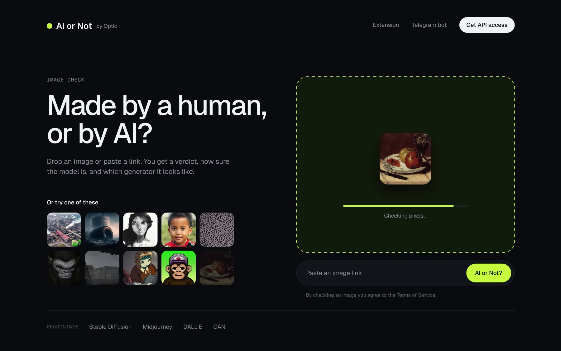 The AI or Not home page playing: the headline and ten sample images come in, a cursor drags the still life from the samples into the drop zone, the zone lights up lime, and a progress bar runs under the image, checking pixels.