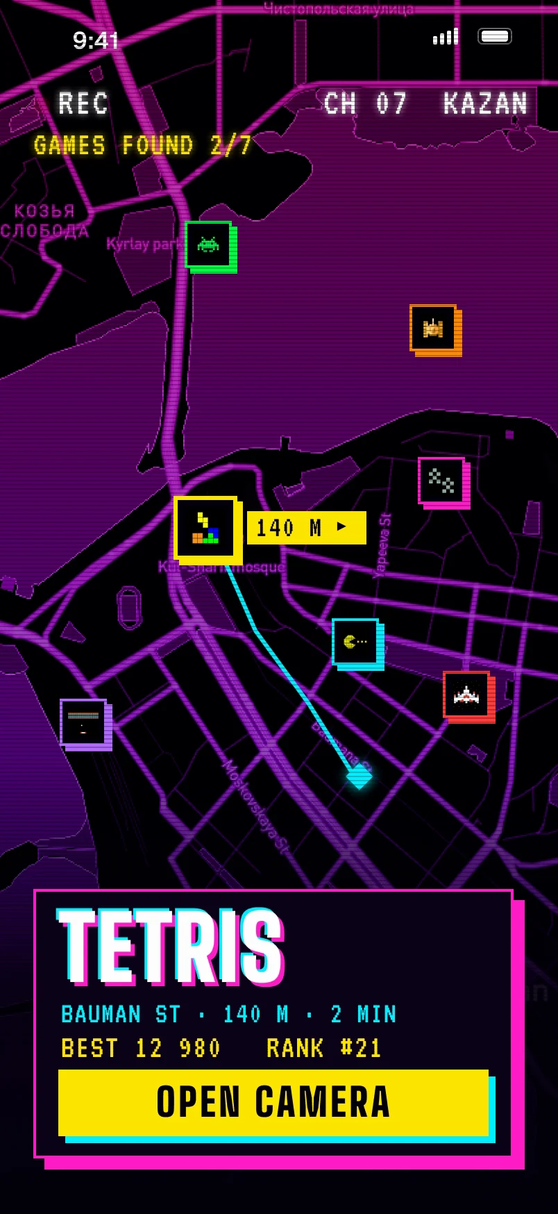 The map: Kazan in magenta and violet, seven game pins — invader, tank, Tetris, Pac-Man, Arkanoid, a race, Galaga — a dashed route from you to the Tetris pin, 140 m, and a card: Tetris, Bauman St, best 12 980, rank 21, Open camera.