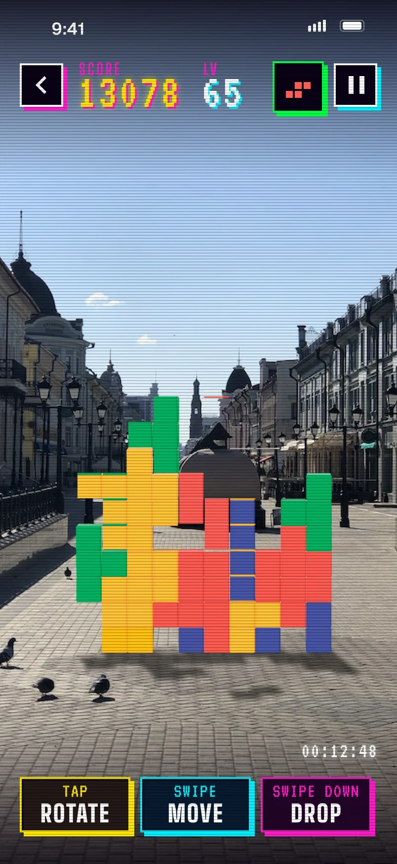 Tetris in AR on Bauman Street, playing: a Z piece turns upright and drops, an I piece turns and slides into the deep column, a T turns and lands on the tall stack, an L turns twice, moves left and drops — the score and the next piece change with each one; hints below: tap to rotate, swipe to move, swipe down to drop.