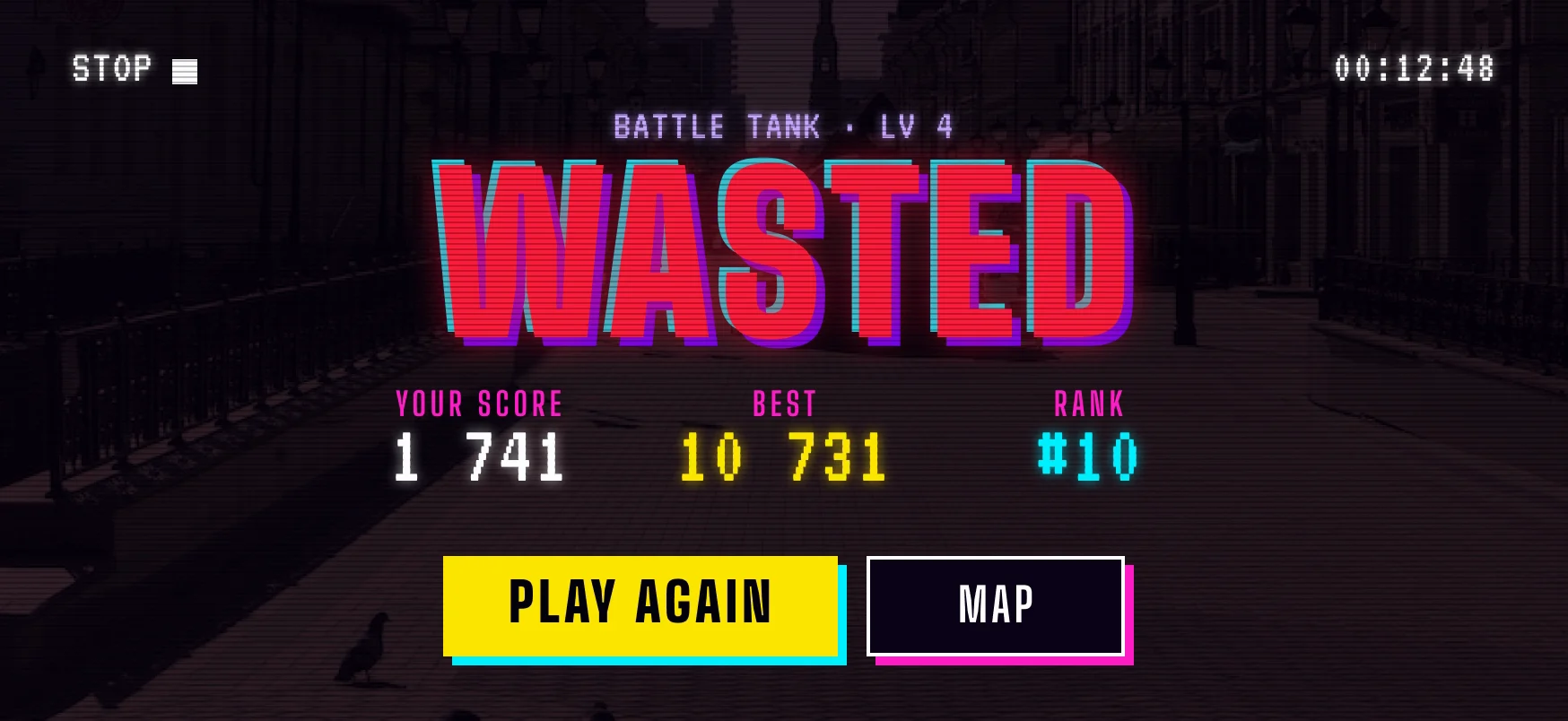 Game over in landscape: WASTED in red over a dimmed street, Battle Tank level 4, your score 1 741, best 10 731, rank 10, Play again and Map.