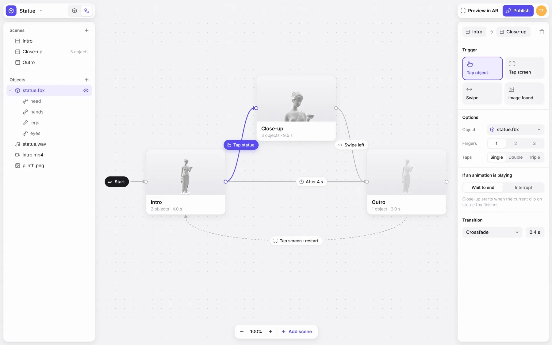 The ARQ scene map running: a signal leaves Start, reaches Intro, crosses the Tap statue wire to Close-up, the Swipe left wire to Outro, and the dashed Tap screen wire back to Intro, lighting up each scene as it arrives. On the right, the inspector for the Intro to Close-up transition: Tap object, statue.fbx, one finger, single tap, wait to end.