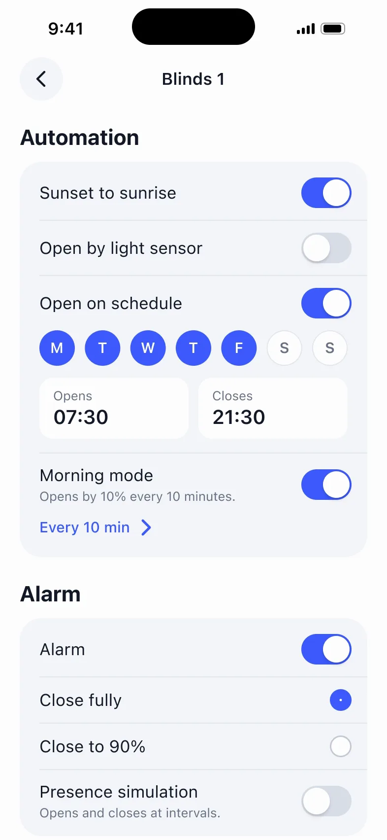 Automation for Blinds 1: the light-sensor switch is turned on, the list scrolls down to Alarm, Close to 90% is picked and then Close fully again, the list scrolls back and the switch goes off.