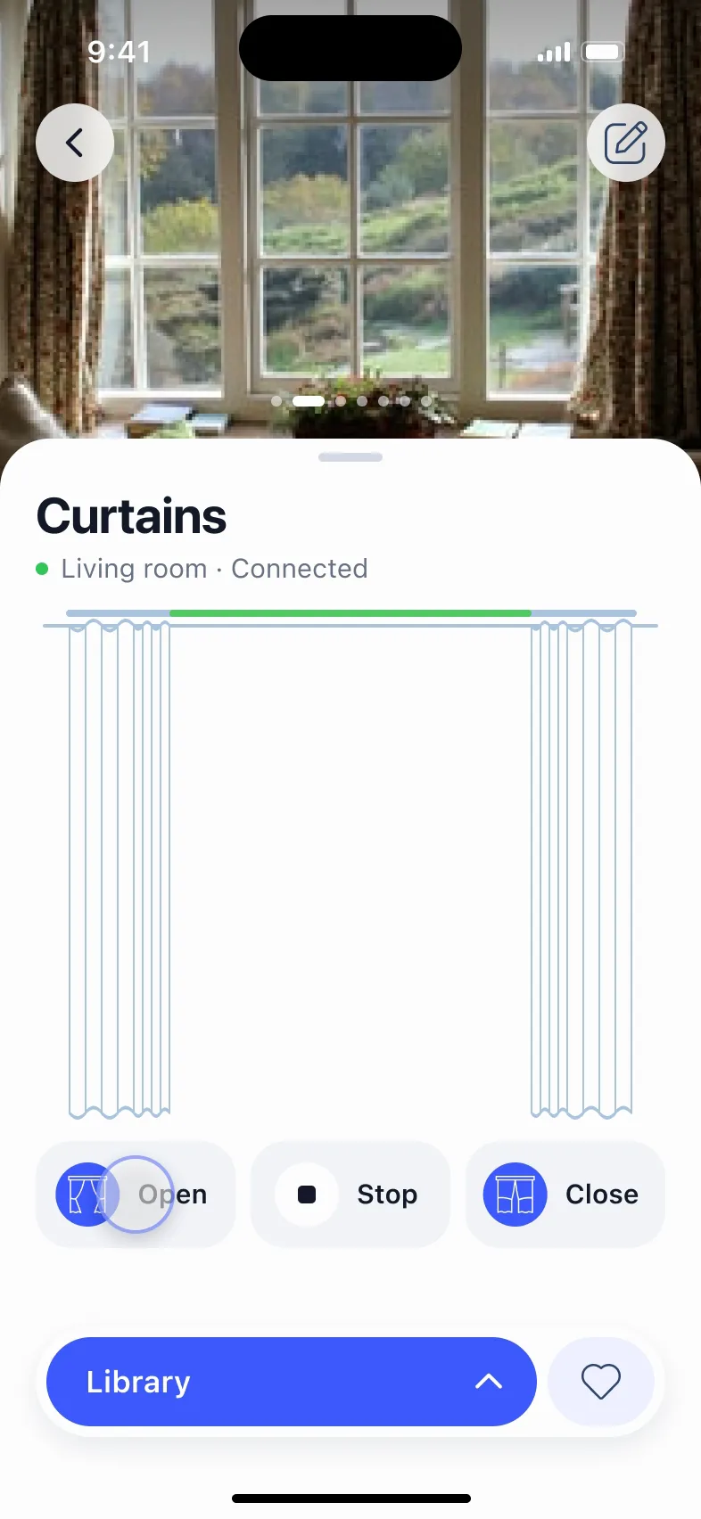 Curtains: Open is tapped and the drawn folds gather to both sides while the green line on the rail widens; Close brings them back.