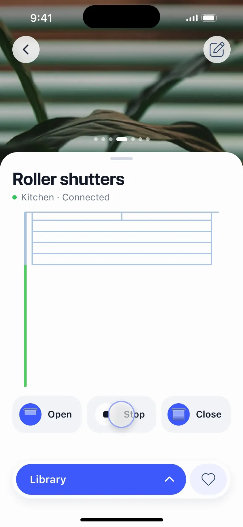 Roller shutters: Open is tapped, the slats roll up into the box, Stop is tapped halfway and they halt; Close lowers them again.