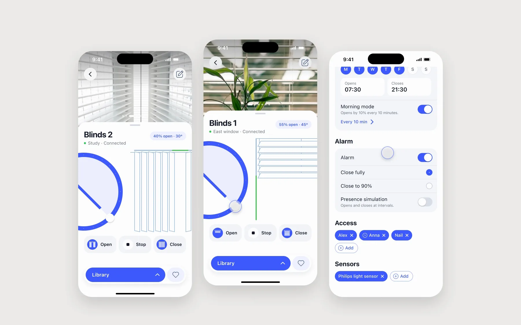 Three phones playing. In the middle, a tap on Blinds 1 grows its photo into the screen and the controls rise in; the wheel tilts the slats, a swipe brings the curtains, Open gathers them, another swipe brings the roller shutters, which roll up until Stop. On the left, a slider over vertical blinds moves from 30% to 60%. On the right, a switch in the automation list turns on and an alarm option is picked.