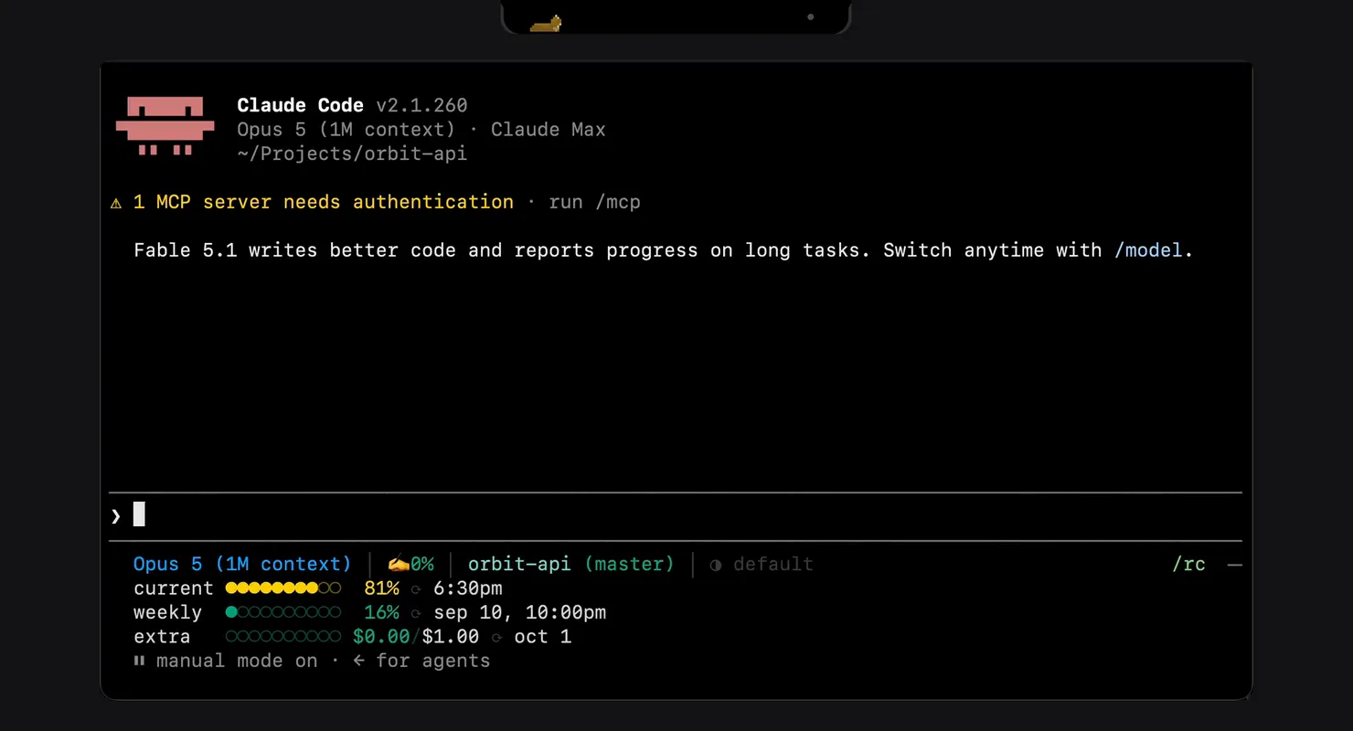 A Mac screen: Claude Code working in Terminal while the CodeCat island on the notch turns green, then orange when the agent asks, and the pointer opens its menu.