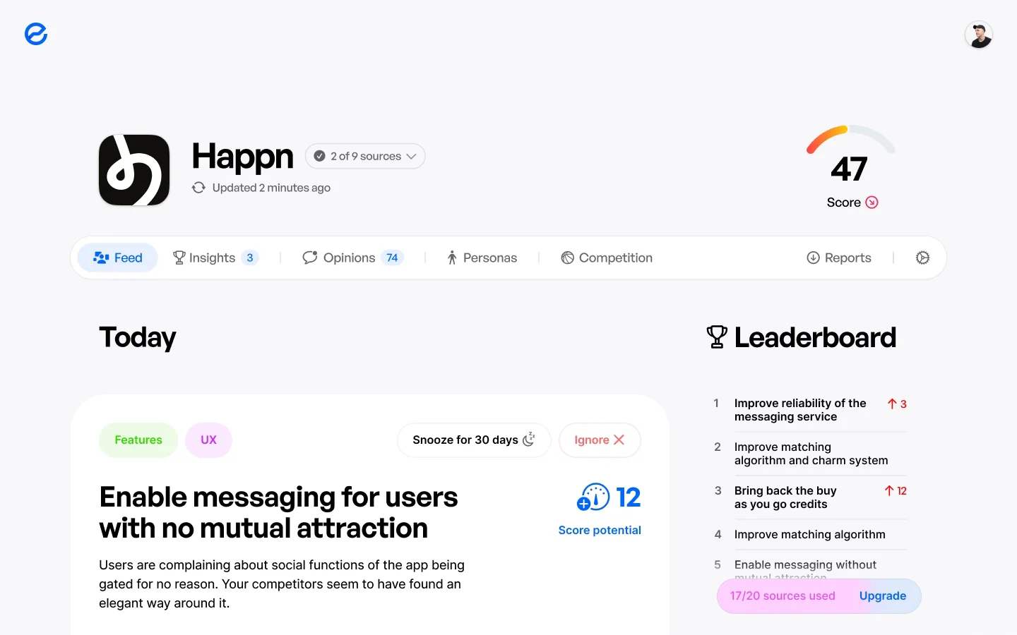 The Happn feed scrolling: today’s issues one after another — enabling messaging, bringing back buy-as-you-go credits, an improved matching algorithm, app crashes on the rise — with events between them.