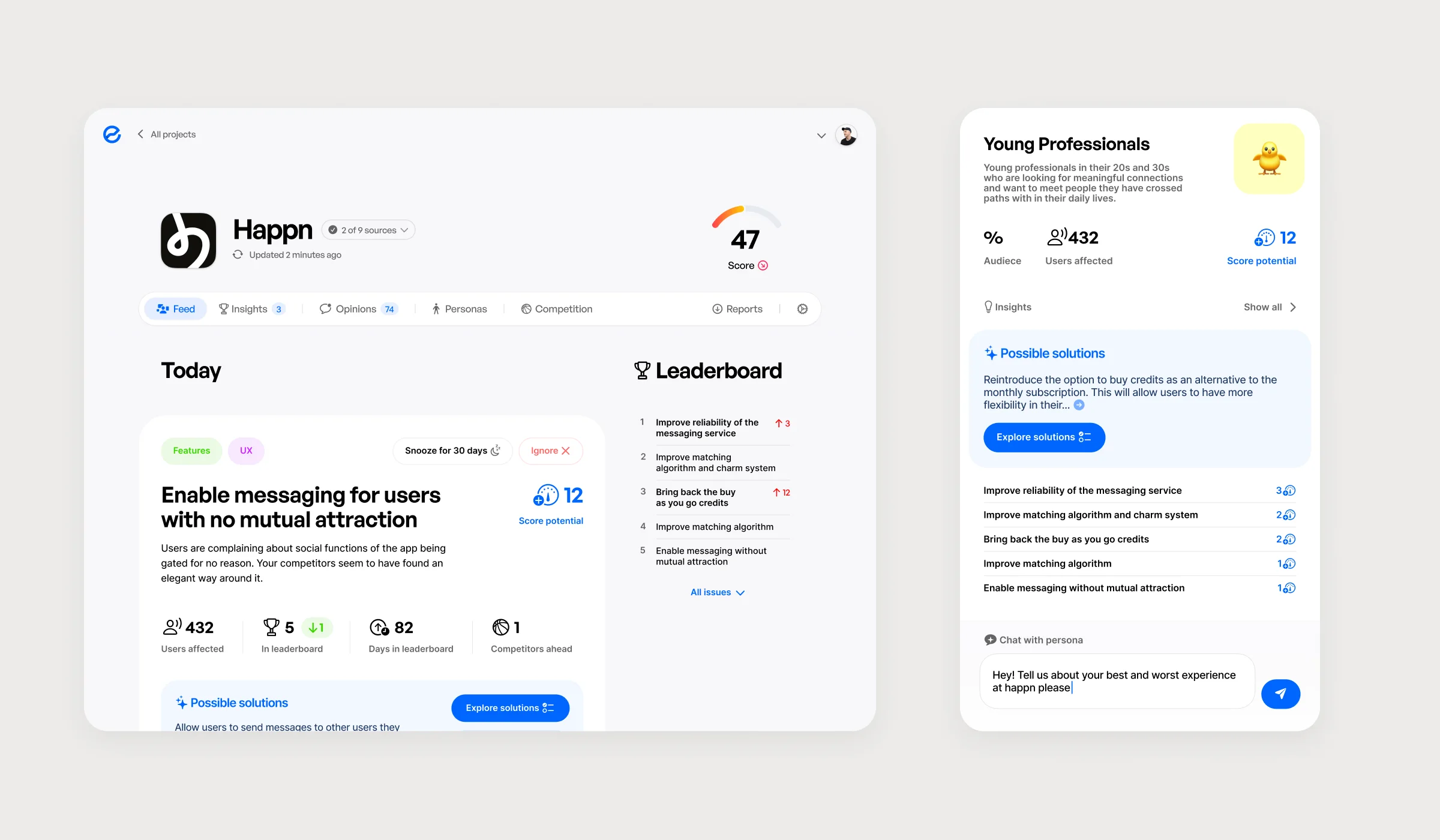 Essense after the redesign: the Happn project with a Score of 47, a feed of issues led by “Enable messaging for users with no mutual attraction”, a leaderboard of issues, and the Young Professionals persona with a chat box.