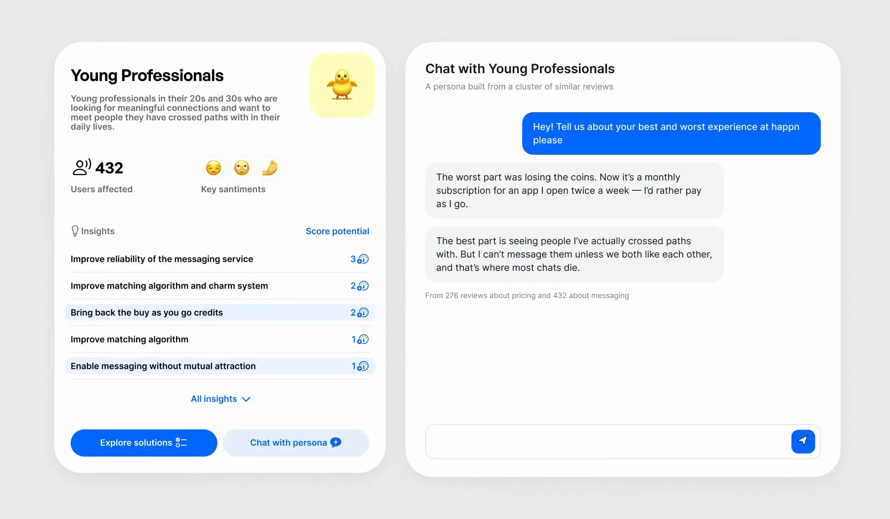 The Young Professionals persona beside a chat with it: the question “Tell us about your best and worst experience at happn”, a typing indicator, and two answers — about losing pay-as-you-go coins and about not being able to message people without a mutual like — while the matching issues light up in the persona’s list.