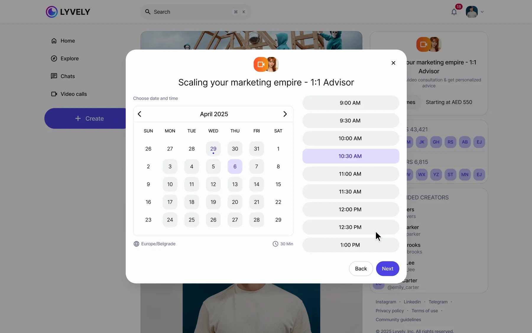 Booking a 1:1 session playing: See times on a coach's profile; 30 minutes for AED 550; April 6 at 10:30 in the Europe/Belgrade time zone; the request with the price, charged only after the host confirms; and “Payment reserved. It will be processed once the host confirms.”