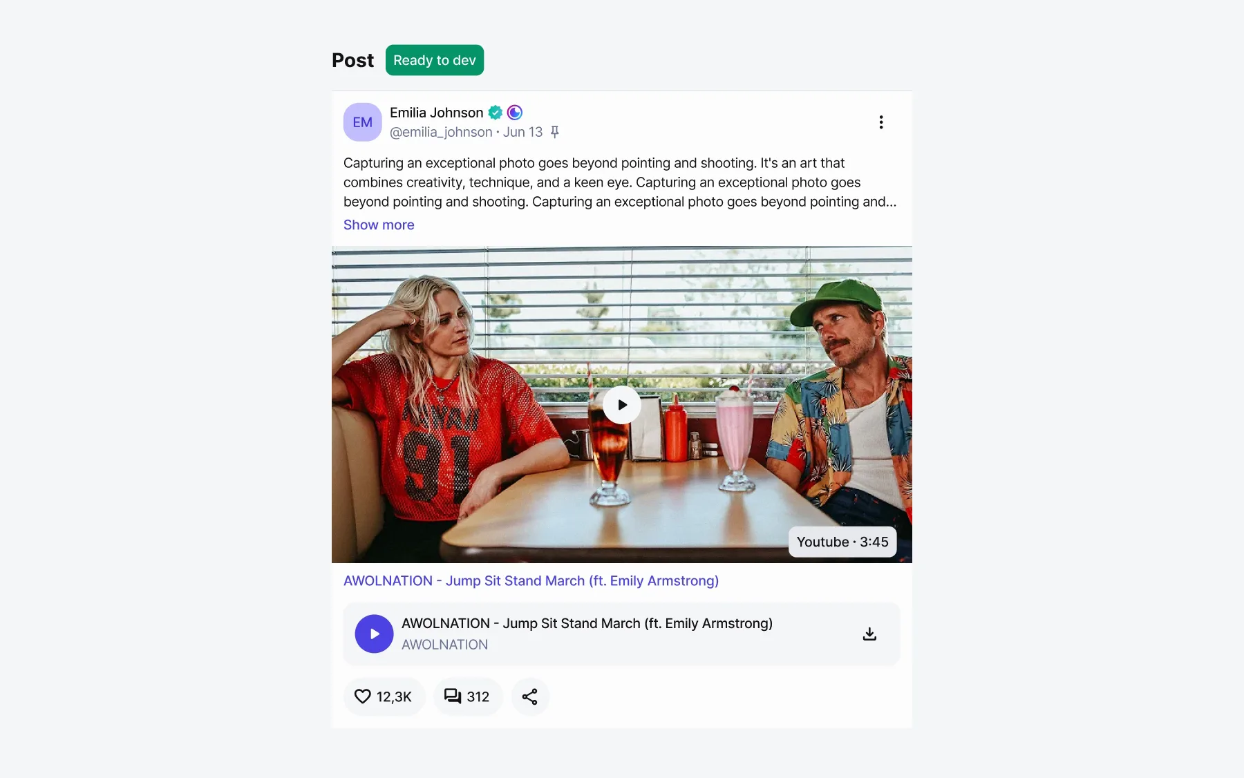 The Post component going through its statuses: a grey skeleton at To design; the header and text filled in at Draft; the video and link at WIP; the whole post with review notes at To review — “3 lines Max. to show Show more button”, the rule for long usernames with a badge, media before links and audio, 600px wide; and clean at Ready to dev.