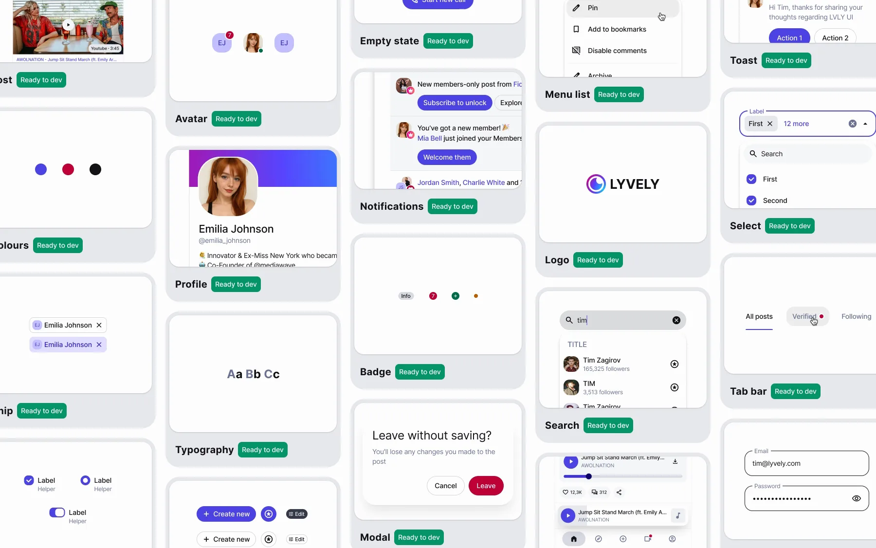The cover page of Lyvely DS drifting past in five columns: Post, Avatar, Empty state, Menu list, Toast, Profile, Notifications, Logo, Select, Chip, Typography, Badge, Search, Tab bar and more, each tile marked Ready to dev.