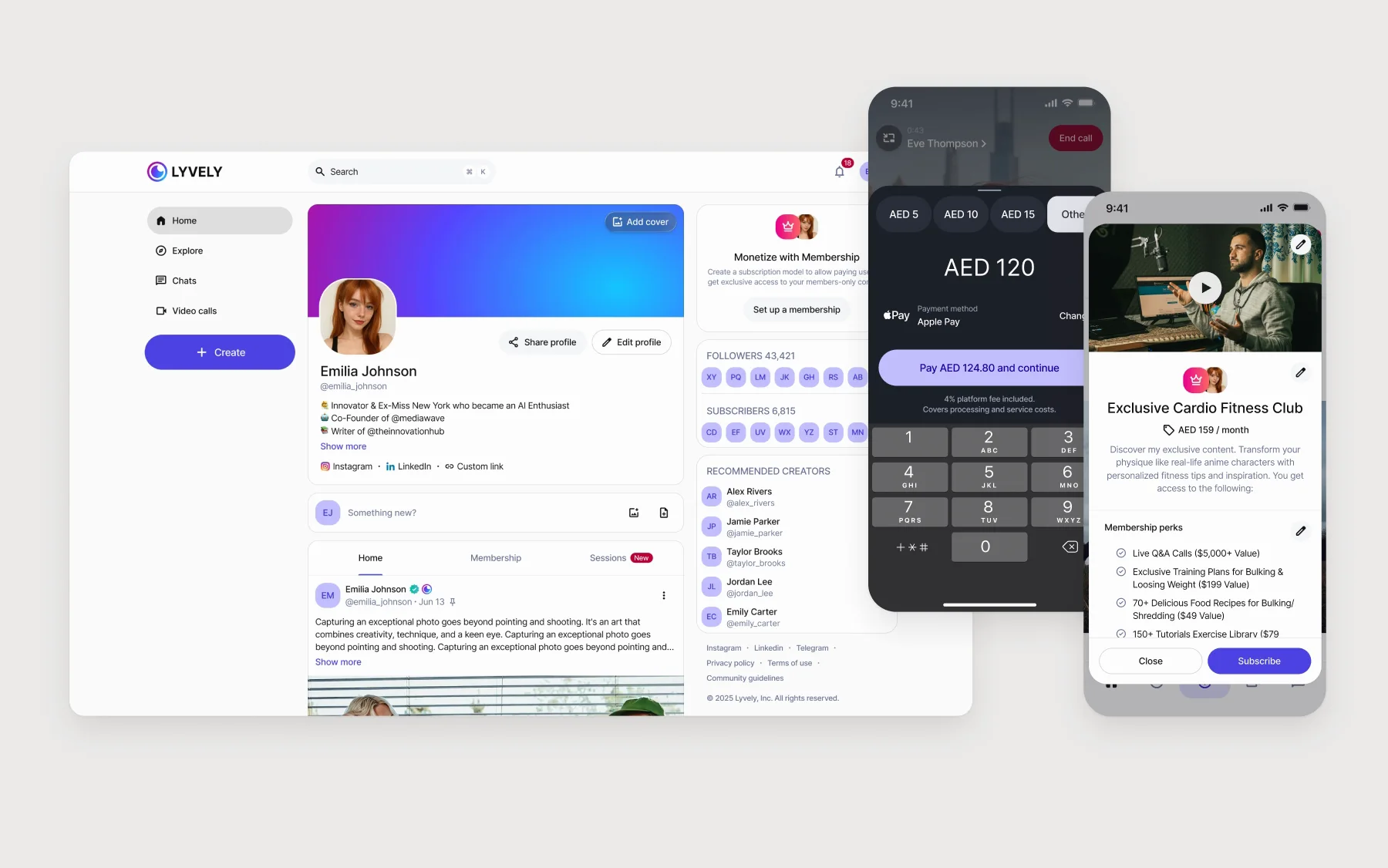 Lyvely after the redesign, playing: a creator's web profile; beside it a live call where the tip sheet rises and AED 120 is typed in; and a membership page with price and perks sliding up over the feed.