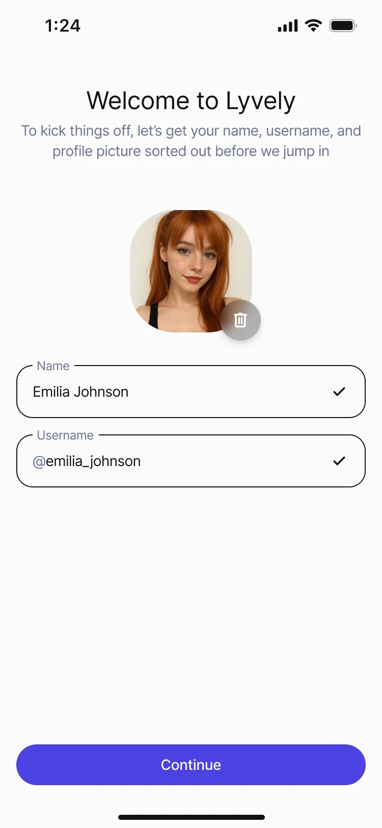 The new sign-up playing: Welcome to Lyvely, Create new account; a UAE number typed in and confirmed; the six-digit code filled in and turning green; an avatar picked, name and username filled; Continue — and the feed.