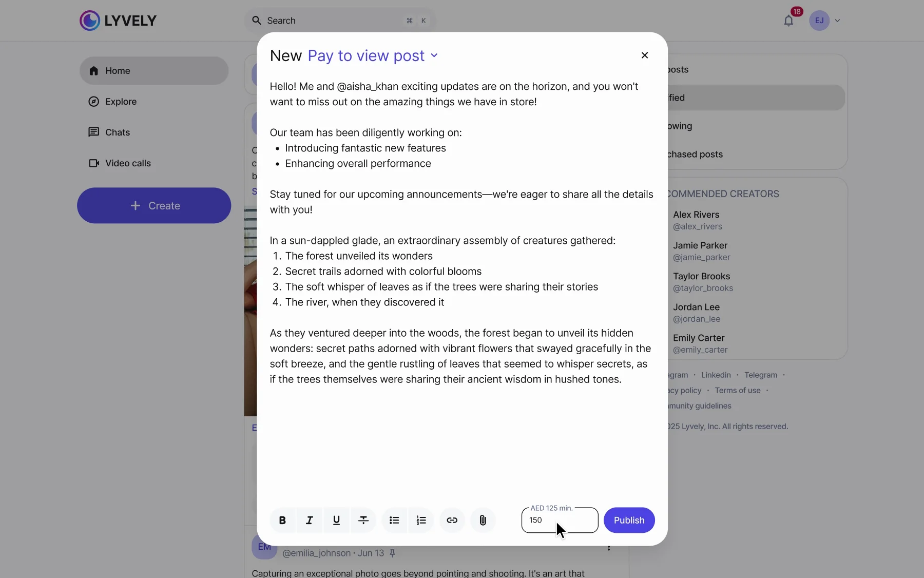 The post composer playing: the post type opens from the title — Public post, Members only, Pay to view — Pay to view is picked, a price of AED 150 is typed next to Publish, and the post is published.