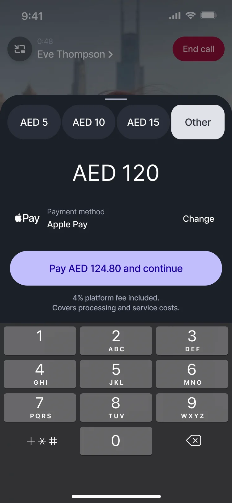 A one-to-one video call playing: the tip sheet slides up over the video with AED 5, 10, 15 and Other; Other opens a custom amount, the keypad comes up, AED 120 is typed in with Apple Pay and the 4% fee, Pay AED 124.80 is pressed, and the sheet goes down again over the call.