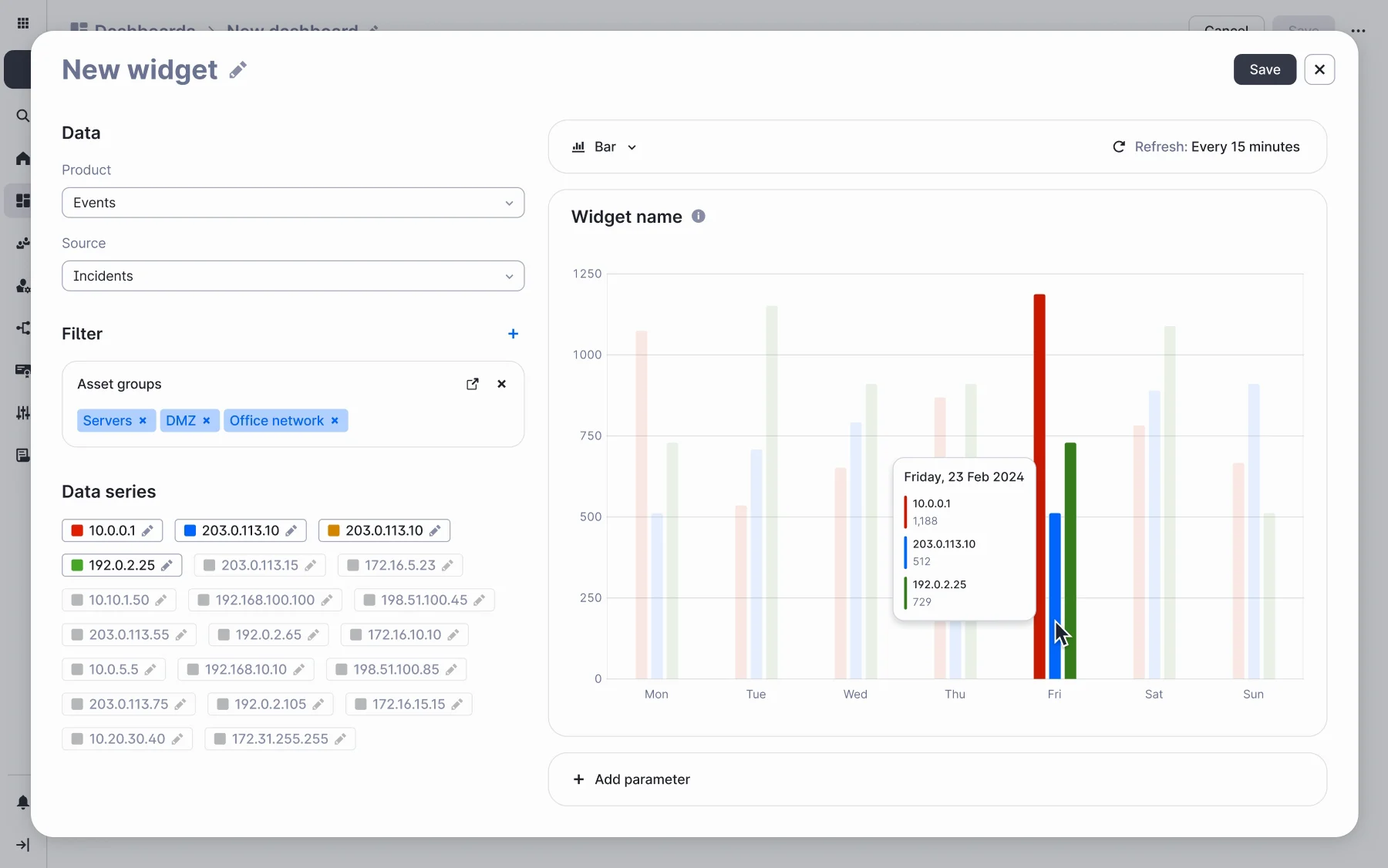 The widget builder: product Events, source Incidents, a filter by asset groups (Servers, DMZ, Office network), a list of data series, and a bar chart preview of three series across the week, with a tooltip open on Friday.