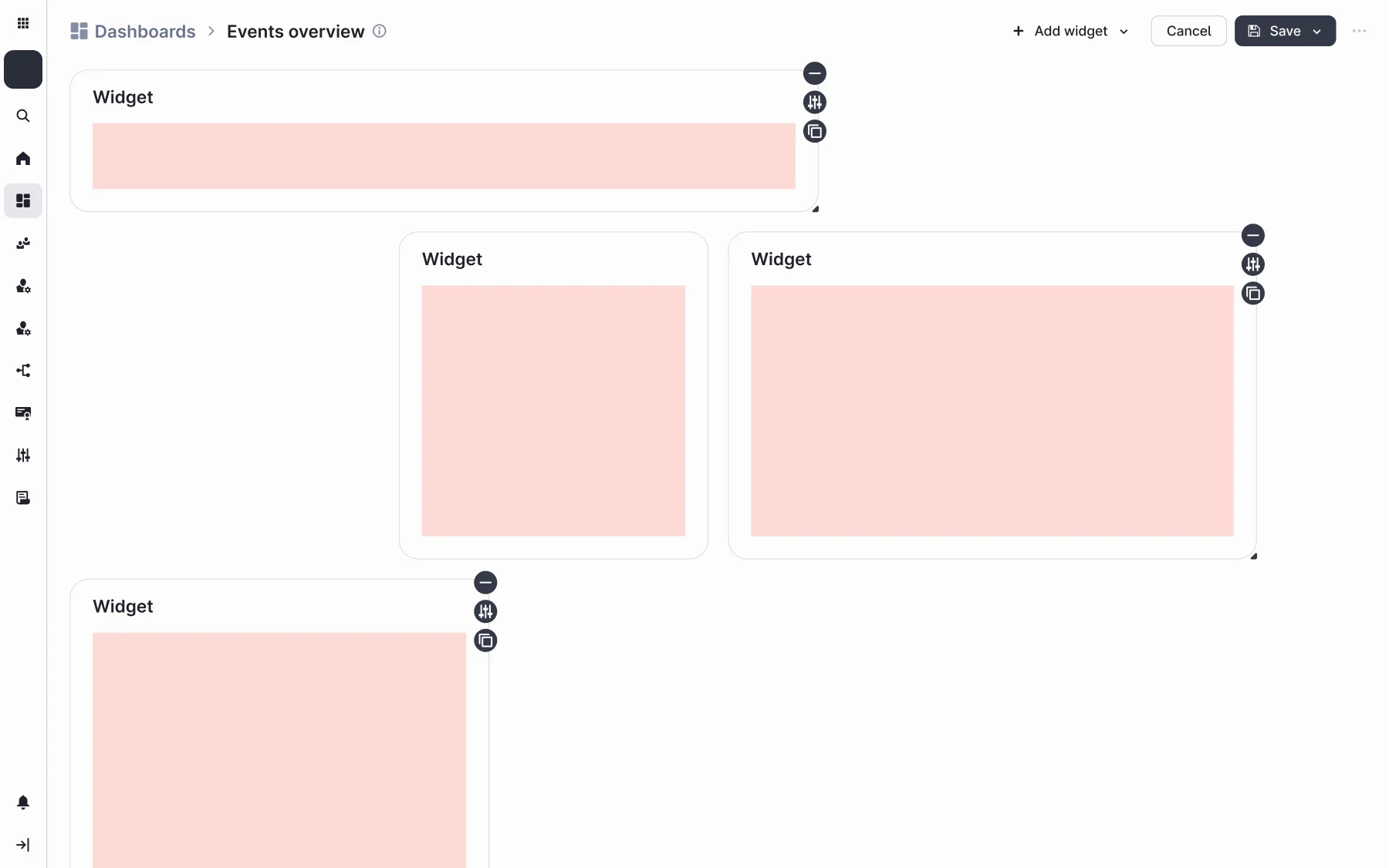 Edit mode: widgets on the grid with remove, settings and duplicate controls; a widget dropped into the next cell, and the top widget resized from 662 to 776 px, the next step of the grid.