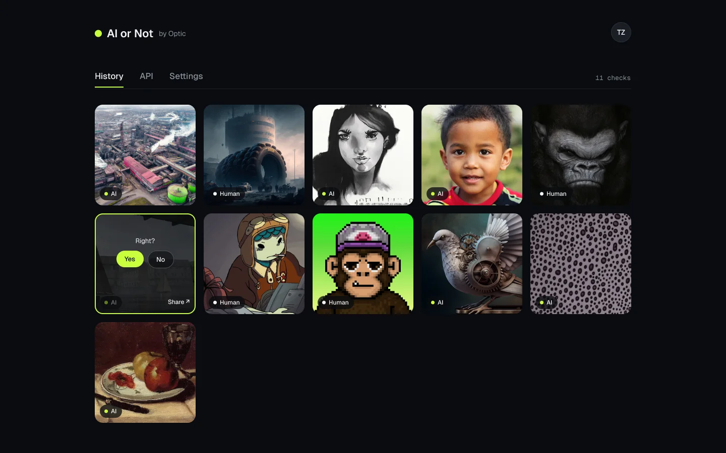 The AI or Not account: History, API and Settings tabs, a grid of eleven checked images tagged AI or Human, one of them hovered with a Yes / No vote and Share.