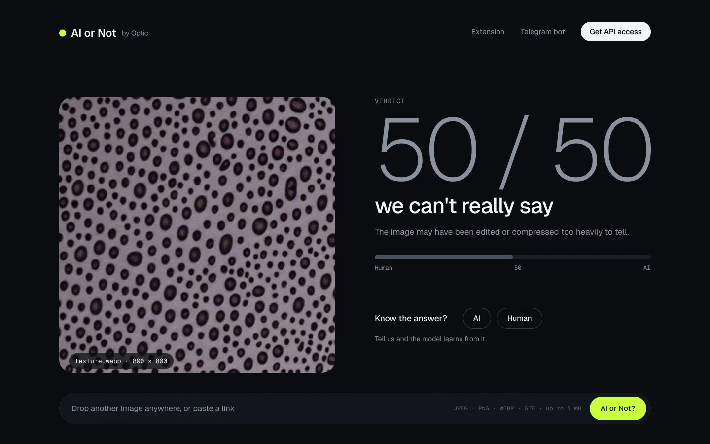 The can't-say verdict: a leopard-print texture beside 50 / 50, we can't really say, the image may have been edited or compressed too heavily to tell, and Know the answer? AI / Human.