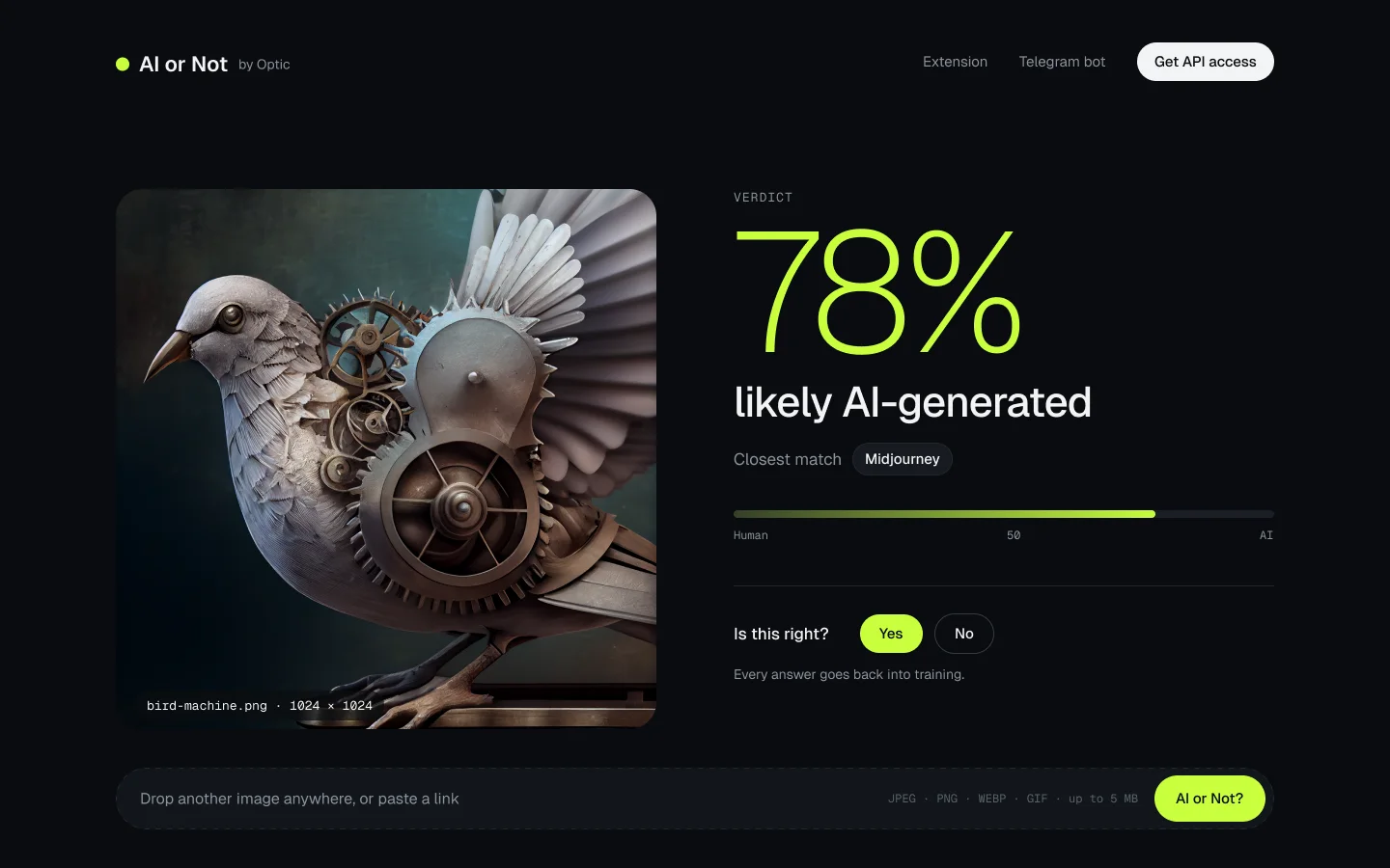 The AI or Not verdict screen: a steampunk bird made of gears beside a huge "78%", "likely AI-generated", closest match Midjourney, a bar from Human to AI, and "Is this right? Yes / No — every answer goes back into training".