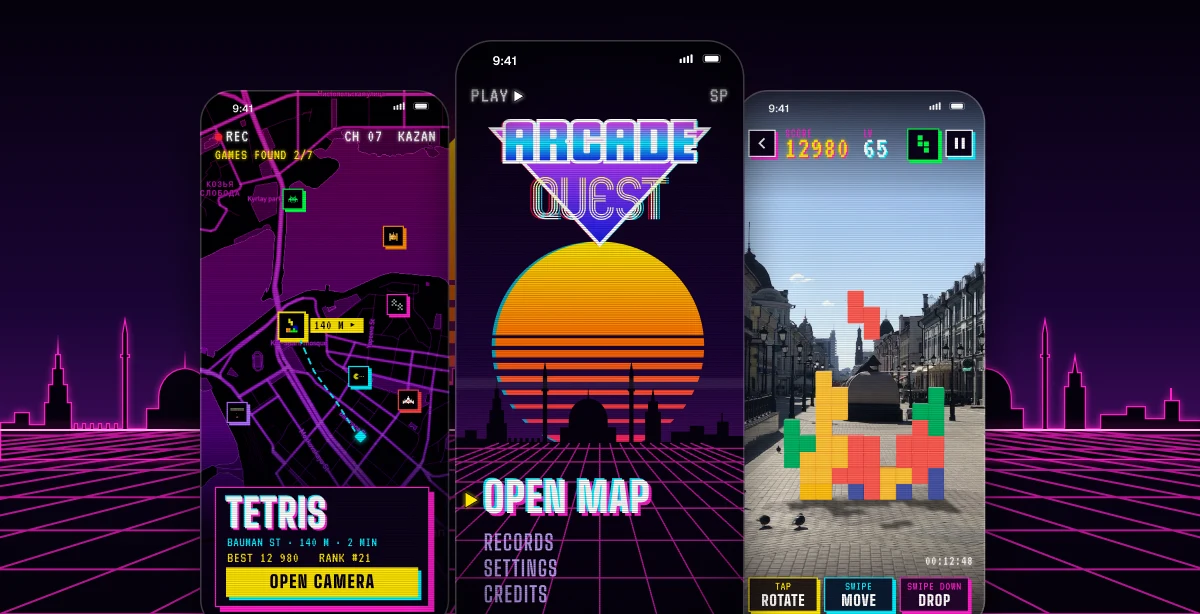 Three Arcade Quest screens over a neon grid and the Kazan skyline: the map with game pins and a Tetris card, the title screen with Open map under a striped sun, and a Tetris stack standing in AR on a street.