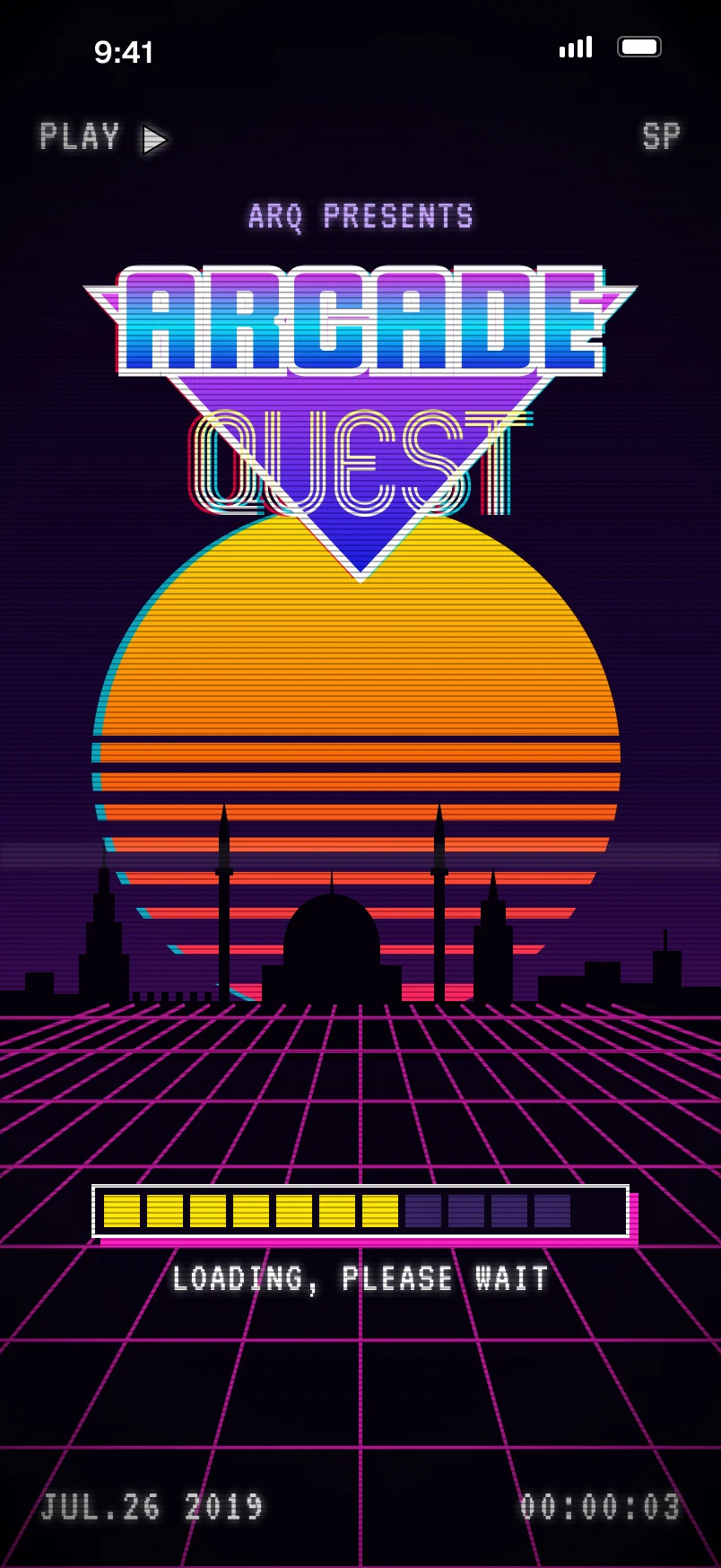 The splash: ARQ presents, the Arcade Quest logo over a striped sun and the Kazan skyline, and a tape-style loading bar, loading, please wait.