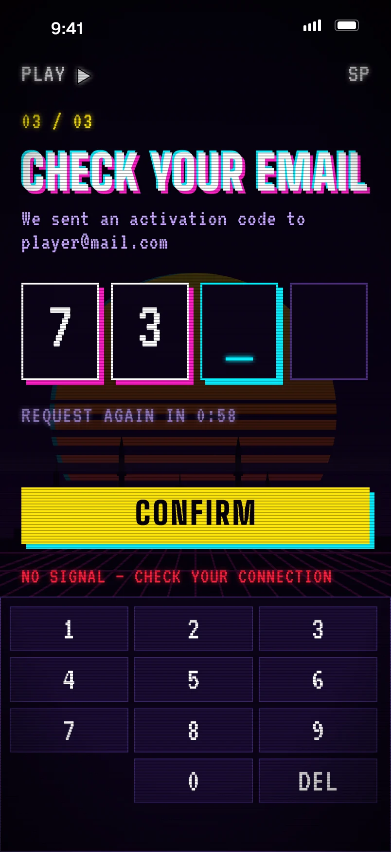 Check your email: a four-box activation code half typed, request again in 0:58, Confirm, and a keypad.