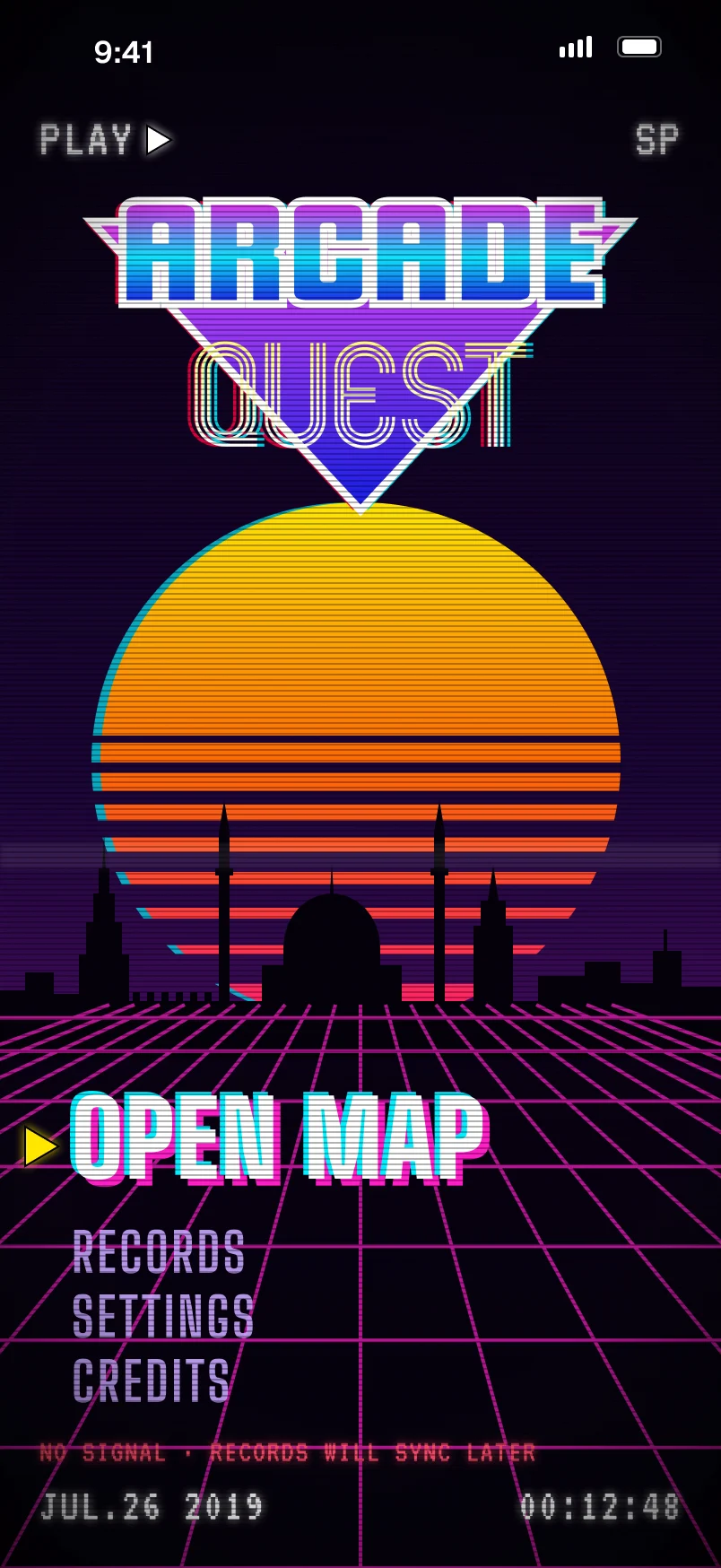 The menu: Open map, Records, Settings, Credits under the logo and the sun, with an offline note and a VHS date and timecode.