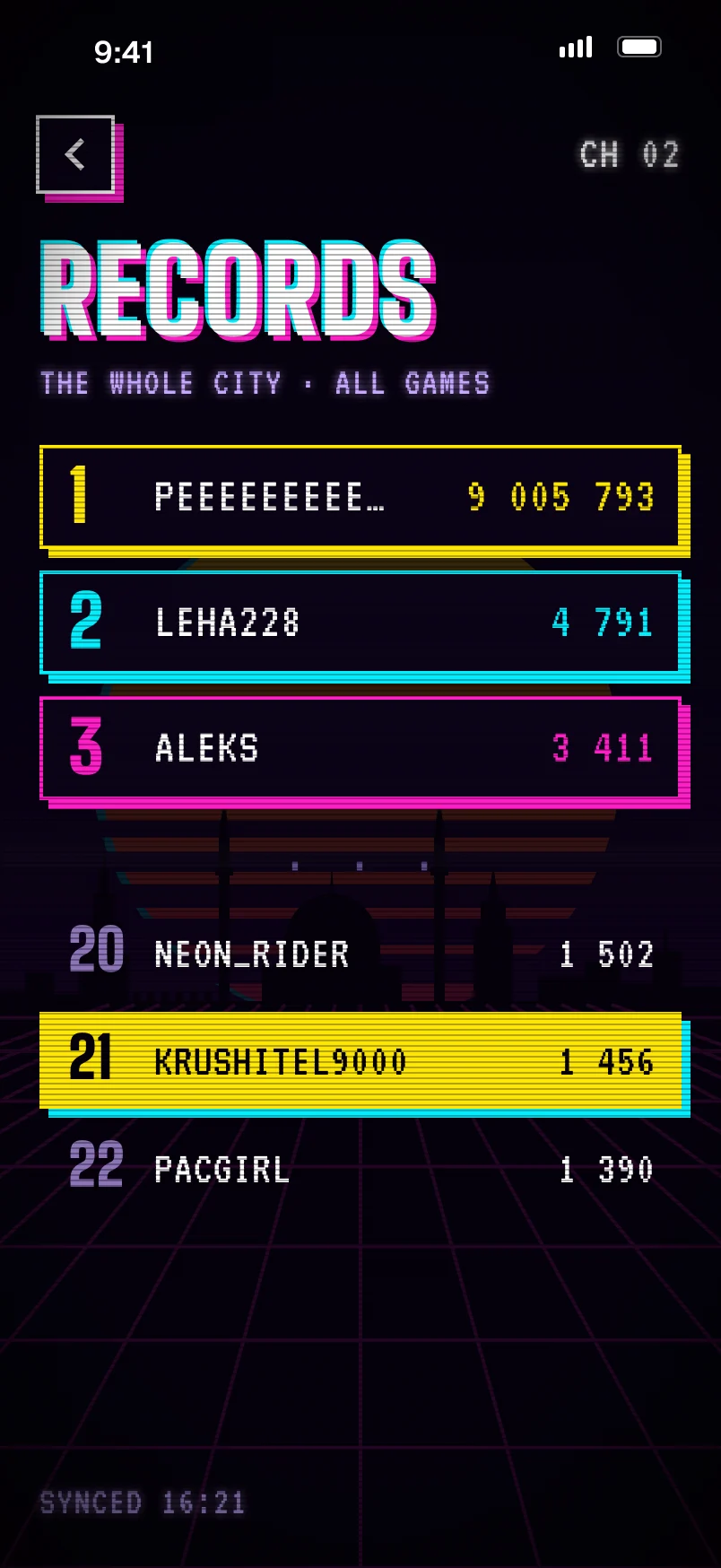 Records for the whole city: the top three with their scores, then places 20 to 22, with your own row in yellow.