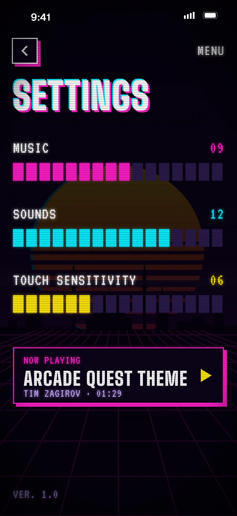 Settings: music, sounds and touch sensitivity as VCR-style level bars, and a now-playing card, Arcade Quest Theme, Tim Zagirov, 01:29.