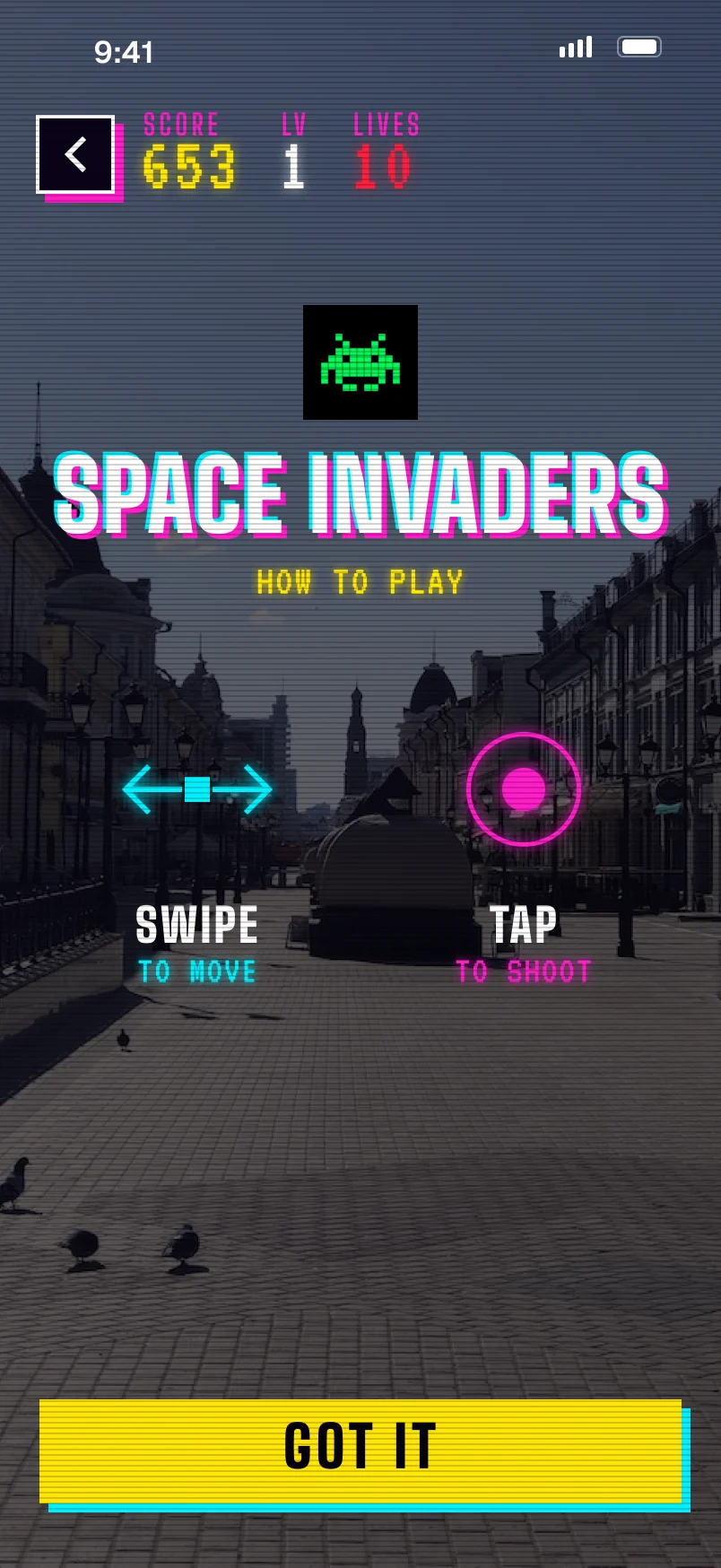 Space Invaders, how to play: swipe to move, tap to shoot.