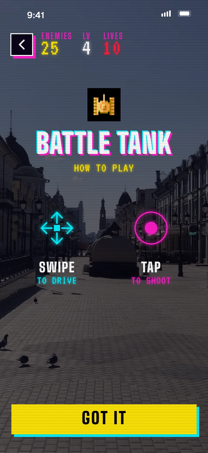 Battle Tank, how to play: swipe in four directions to drive, tap to shoot.