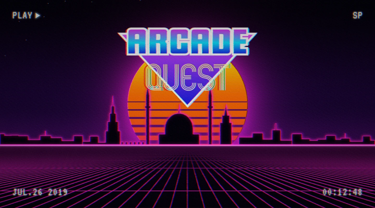 The Arcade Quest title screen as a videotape: the logo over a striped sun, the Kazan skyline on the horizon, a neon grid on the floor, PLAY in the corner and a timecode at the bottom.