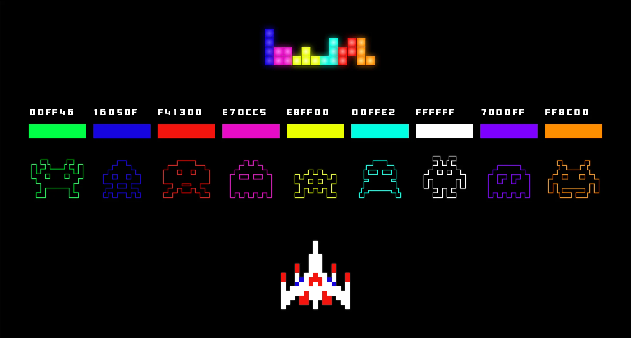 A black board: a row of glowing Tetris blocks, nine colour swatches with their hex codes — green, blue, red, magenta, yellow, cyan, white, violet, orange — an outlined space invader in each colour, and a Galaga ship.