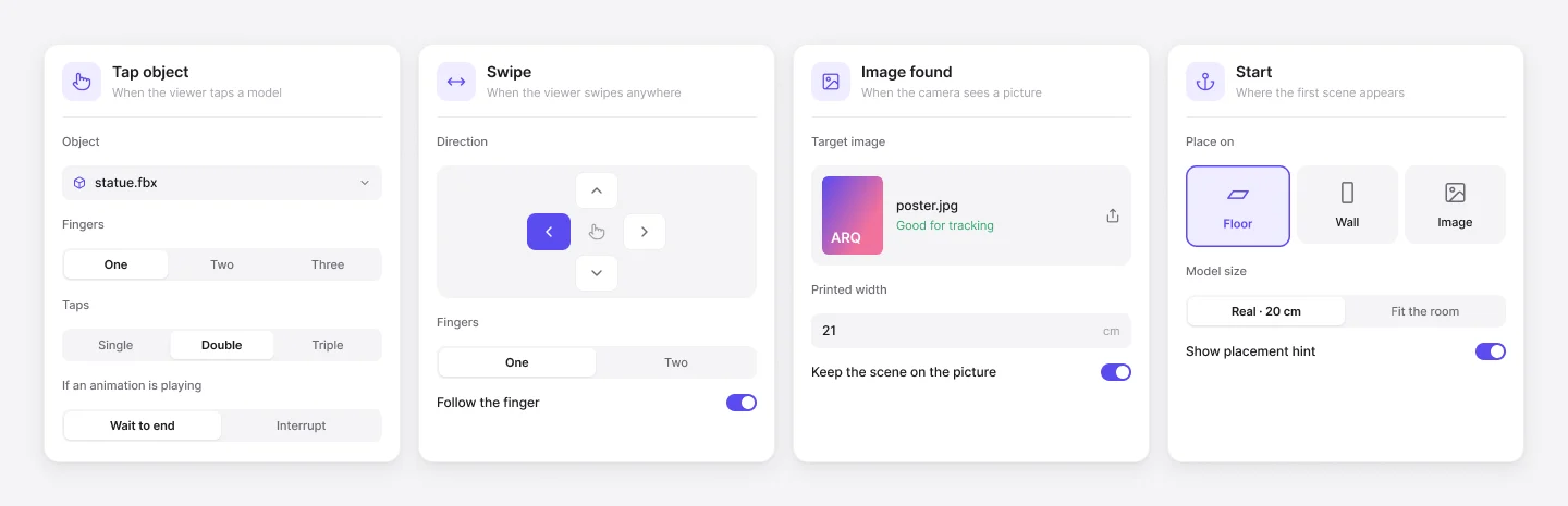 Four trigger cards: Tap object with object, fingers, taps and what to do if an animation is playing; Swipe with a direction pad; Image found with a target picture and its printed width; Start with Floor, Wall or Image.