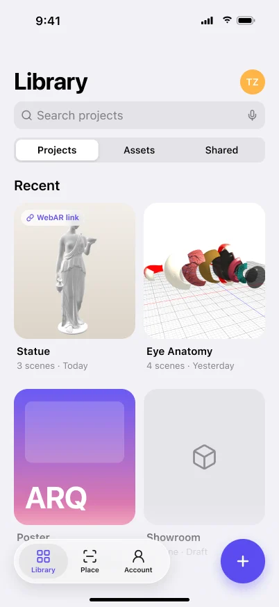 ARQ Viewer's library: Statue with a WebAR link, Eye Anatomy, Poster and Showroom, a floating tab bar and an add button.