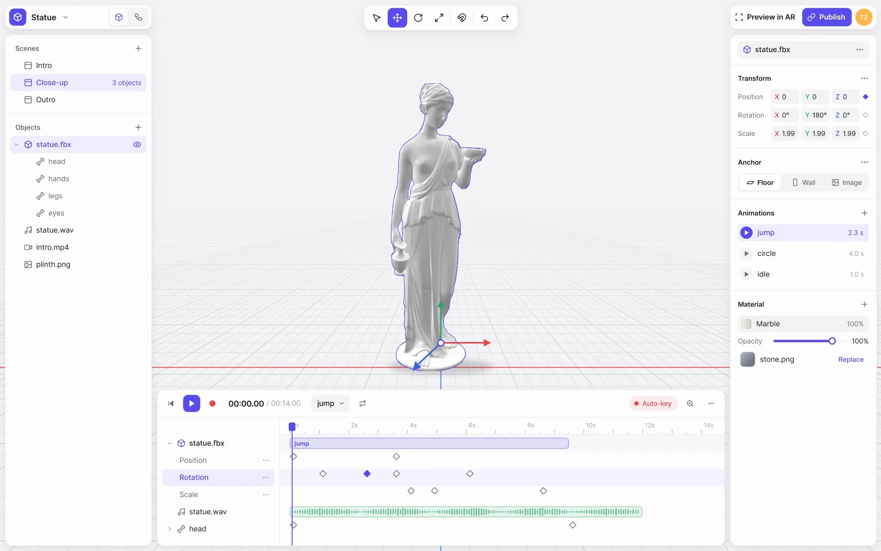 The ARQ editor with a project open: scenes and objects on the left, a statue on the floor grid in the middle, the inspector on the right, and a timeline of keyframes along the bottom.