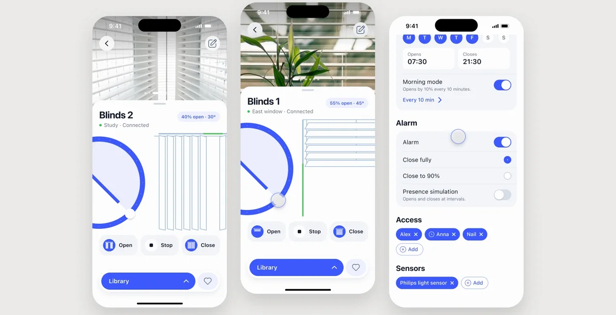 Blinds App: the curtains, horizontal blinds and roller shutters screens, each a photo of the window over a line drawing of the blind.