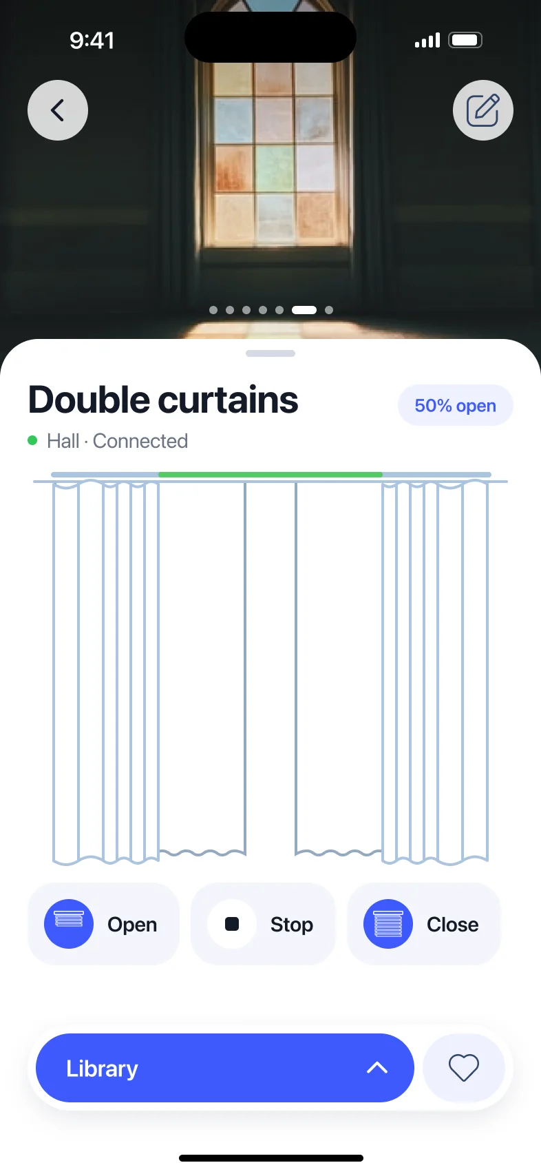 Double curtains: a photo of a stained-glass window and a drawing of sheer and blackout panels on one rail.