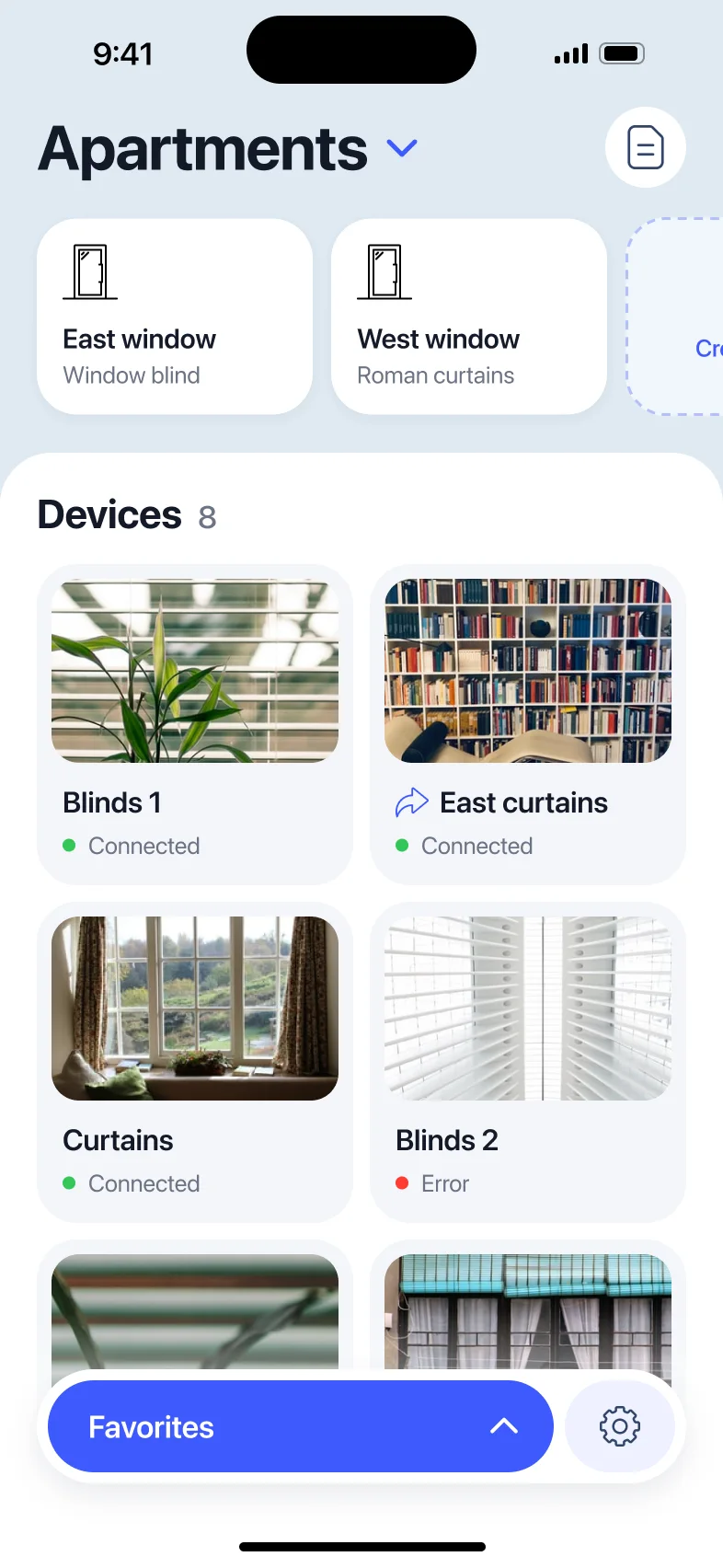 Home: Apartments, the East and West window groups, and a grid of devices with photos — Blinds 1, East curtains (shared), Curtains, Blinds 2 with an error — and a Favorites bar.