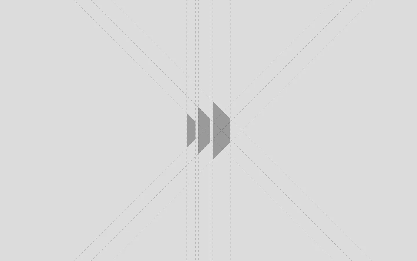 The Blinds App mark on a grey field: three slanted slats of growing height, with the construction lines of diagonals and verticals.