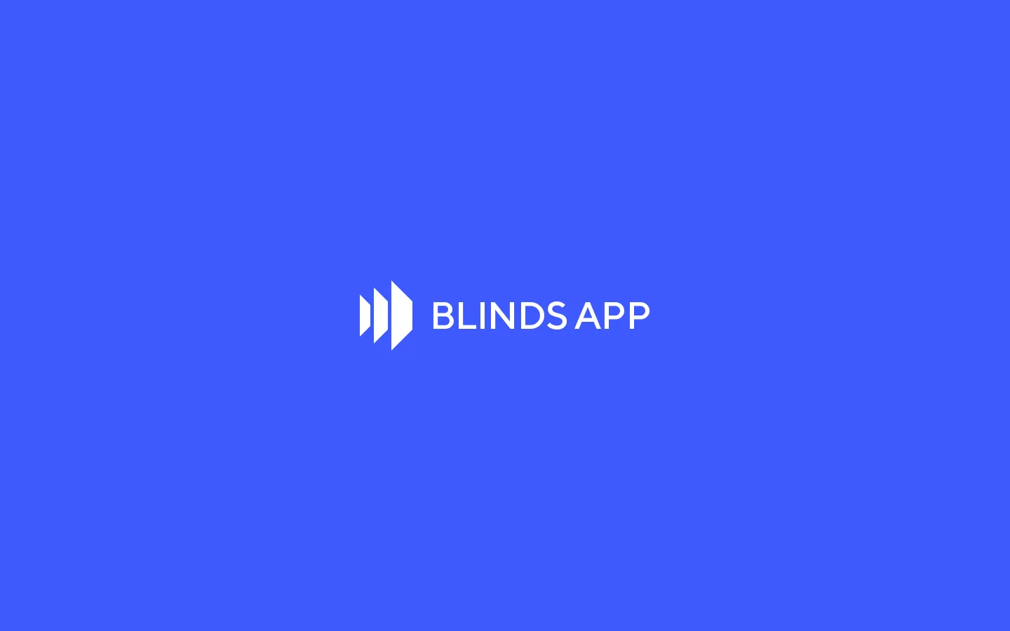 The Blinds App logo in white on blue: the three-slat mark and the words BLINDS APP.