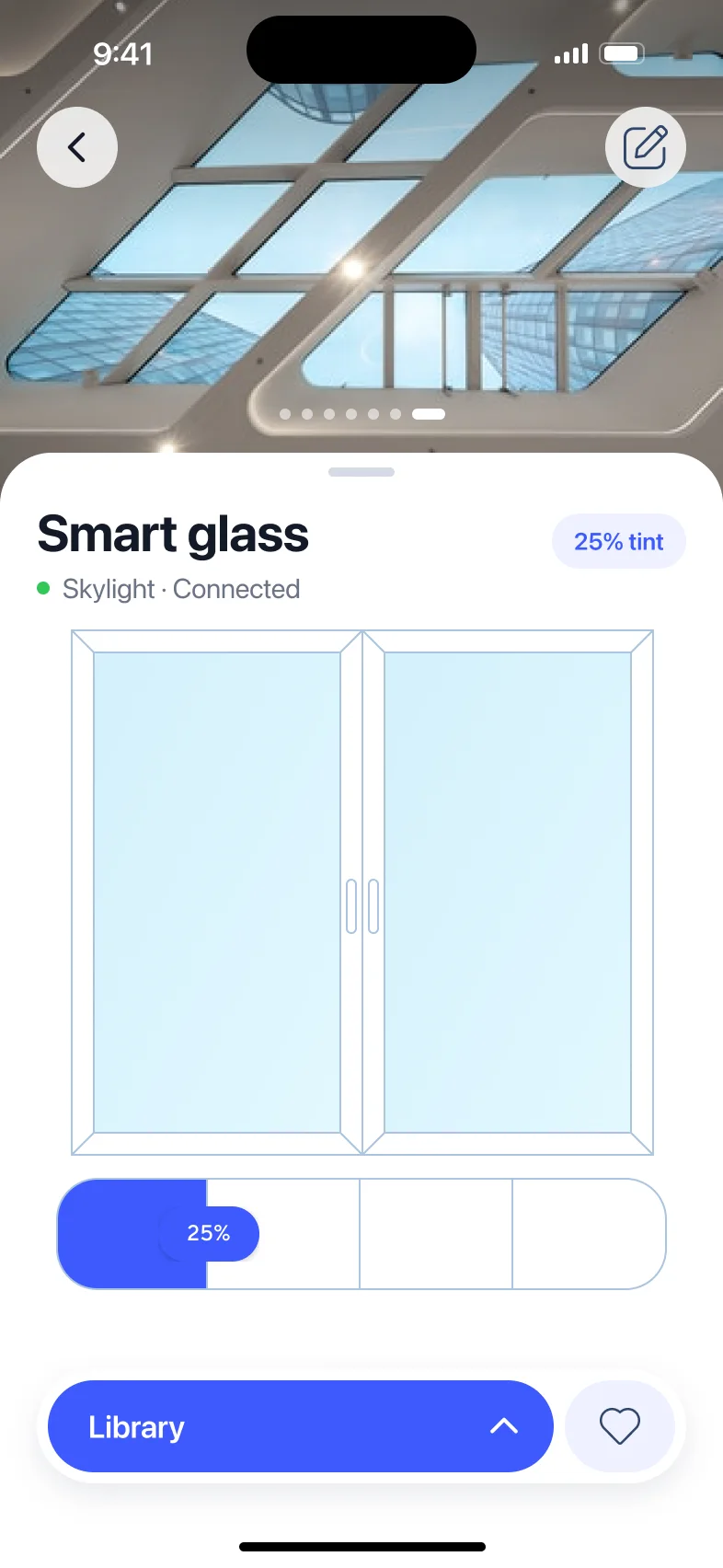 Smart glass: a photo of a glass roof, a drawing of a two-pane window, and a four-step tint control at 25%.