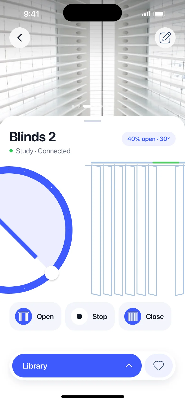 Vertical blinds: a photo of white vertical slats, the wheel and a drawing of hanging vanes with a green bar on the rail.